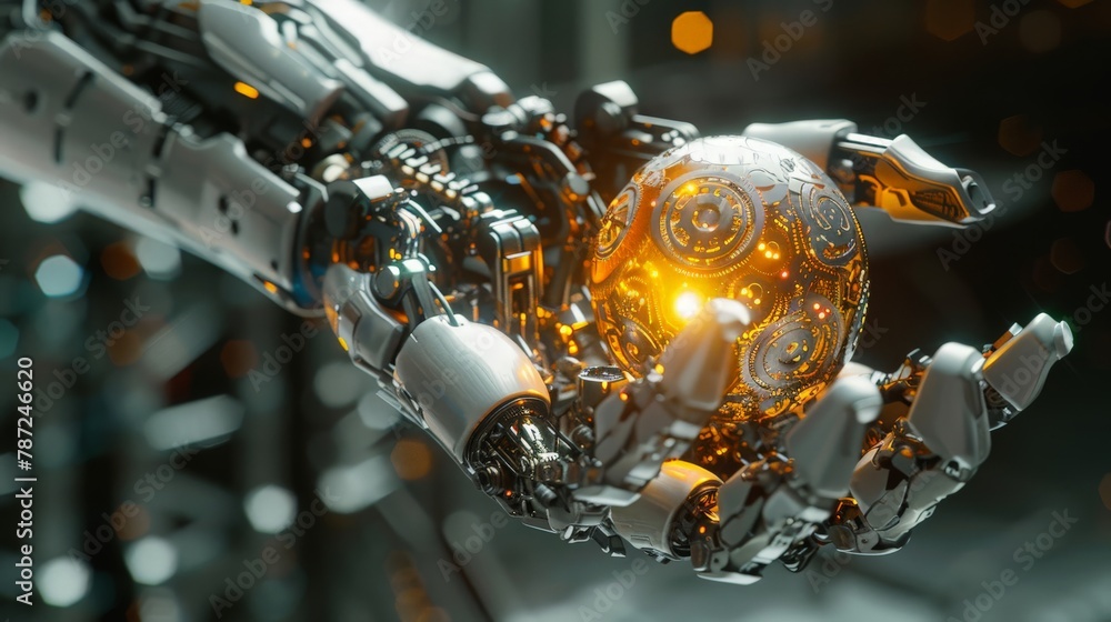 Poster A close-up of a robotic hand with intricate metallic gears and wires, holding a glowing orb.3D rendering
