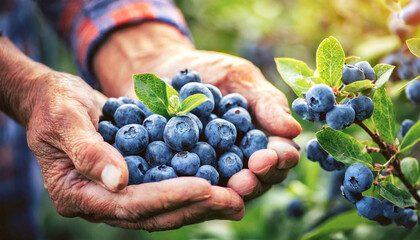 Extreme close-up of two wrinkled hands (cupped hands full of fresh blueberries) of a farmer showing the harvest of ripe blueberries. Generative Ai. - obrazy, fototapety, plakaty