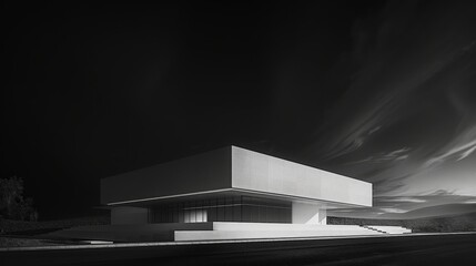 A black and white architectural photograph of a minimalist building with a stark white facade against a dark night sky. - obrazy, fototapety, plakaty
