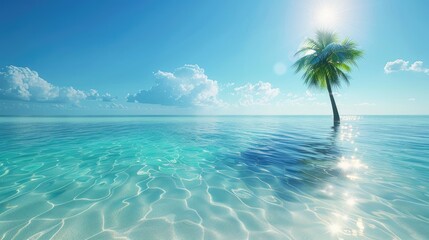 Seabed with blue tropical ocean, sunny blue sky and palm tree, empty underwater background, calm sea water. Summer beach