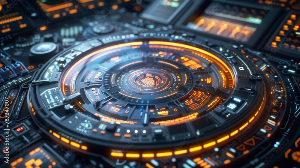 Leinwandbilder a circular control panel with various buttons and holographic displays, representing the user interf