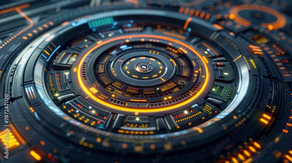 Leinwandbilder a circular control panel with various buttons and holographic displays, representing the user interf