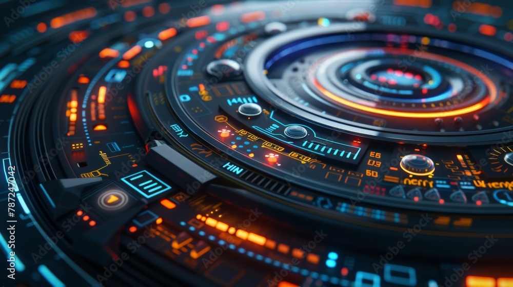 Poster a circular control panel with various buttons and holographic displays, representing the user interf