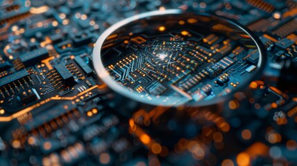 A circular magnifying glass revealing a microscopic world of complex circuitry, symbolizing the miniaturization and power of modern technology.3D rendering
