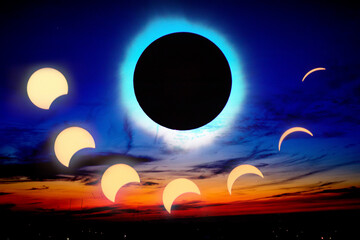 Solar Eclipse Sequence with Corona Effect over Spiceland Sky