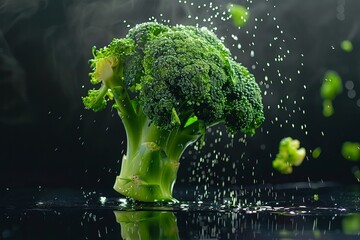 Fresh Broccoli with Water Droplets Falling