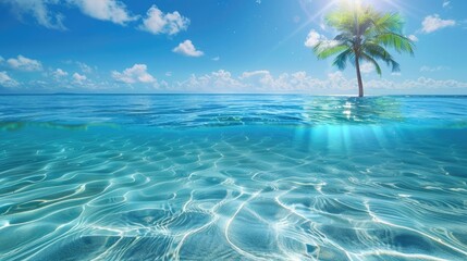 Fototapeta na wymiar Seabed with blue tropical ocean, sunny blue sky and palm tree, empty underwater background, calm sea water. Summer beach