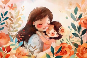 Illustration of a mother hugging a child. Mother's day concept
