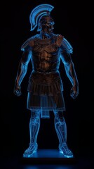 Fototapeta na wymiar A glowing blue and black digital rendering of a Roman soldier.