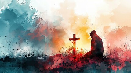 Man kneeling and praying in front of the cross. Digital watercolor painting - obrazy, fototapety, plakaty