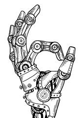 Mechanical human robot hand engraving PNG illustration. Scratch board style imitation. Black and white hand drawn image.