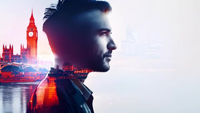 man silhouette is shown in front of a city skyline, with the London Big Ben clock tower in the background. The image has a dreamy, ethereal quality, with the male face
