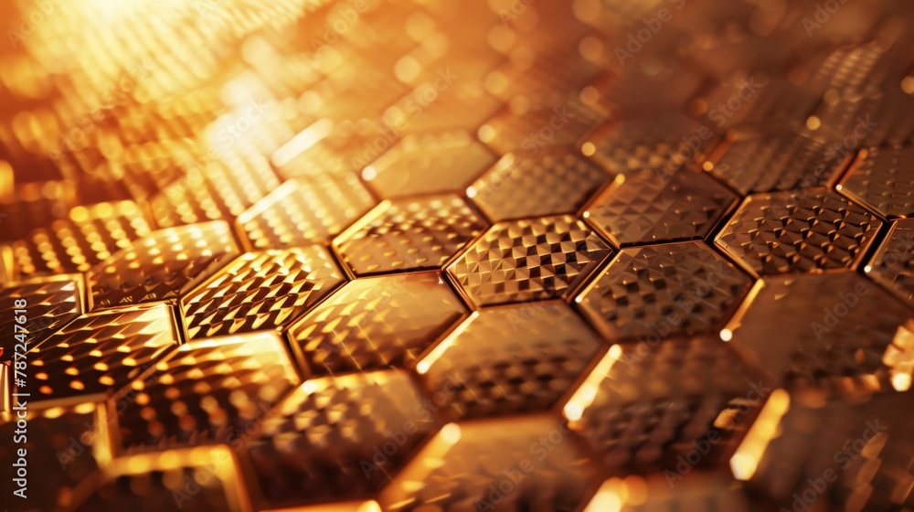Poster a detailed macro shot of a metallic honeycomb structure, bathed in a warm golden light, representing