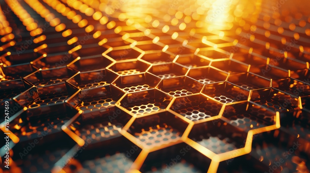 Aufkleber a detailed macro shot of a metallic honeycomb structure, bathed in a warm golden light, representing