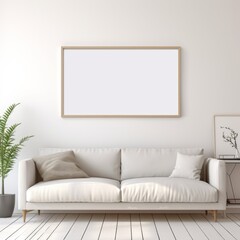 Bright white living room interior with empty frame and plant