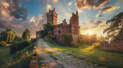 Beautiful Teutonic castle in Lidzbark Warminski before sunset, Poland. - obrazy, fototapety, plakaty