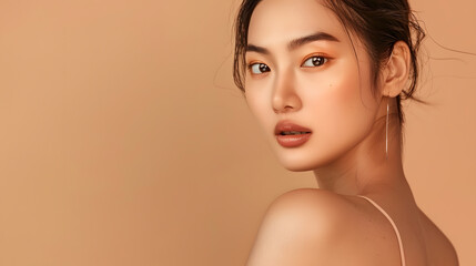 Asian woman with a beautiful face and Perfect clean fresh skin Luxury fashionable female model in sexy dress with on beige isolated background Cosmetology Ecommerce Online shopping Con : Generative AI
