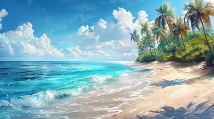 a beach with palm trees and waves