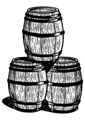 Wine beer wooden barrels engraving PNG illustration. Scratch board style imitation. Black and white hand drawn image.