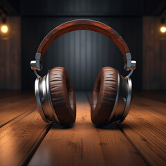 Immerse in the Intricate Craftsmanship of Wooden Headphones: Softly Illuminated for Your Ultimate Listening Pleasure - obrazy, fototapety, plakaty