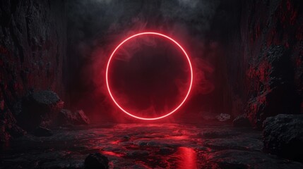 A dark and abstract background with a glowing red circle as the central focus, representing a warning sign or potential danger associated with technology.3D rendering. - obrazy, fototapety, plakaty