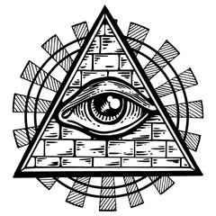 Masonic symbol eye in pyramid engraving PNG illustration. Scratch board style imitation. Black and white hand drawn image.