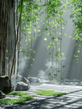 Tranquil Bamboo Garden with Cascading Leaves and Gentle Mist