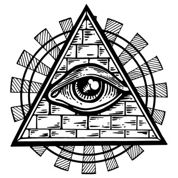 Masonic symbol eye in pyramid engraving PNG illustration. Scratch board style imitation. Black and white hand drawn image.