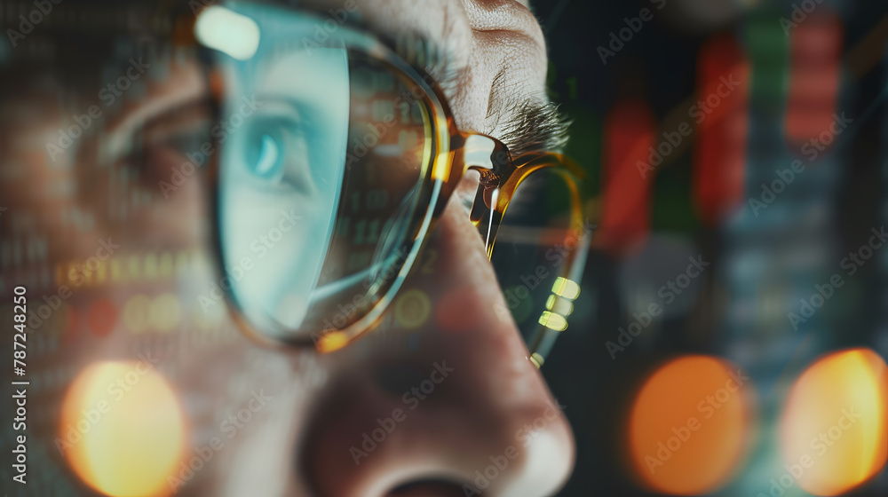 Poster portrait of trader wearing eyeglasses with reflection cryptocurrency chart closeup portrait of man a