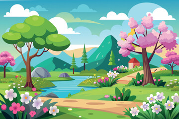 Obraz premium Spring Landscape cartoon vector Illustration flat style artwork concept