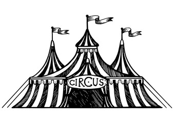Circus tent engraving PNG illustration. Scratch board style imitation. Black and white hand drawn image. © Oleksandr Pokusai