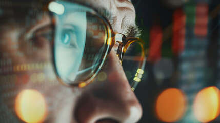 Portrait of trader wearing eyeglasses with reflection cryptocurrency chart Closeup portrait of man analysing stock market Copy space : Generative AI