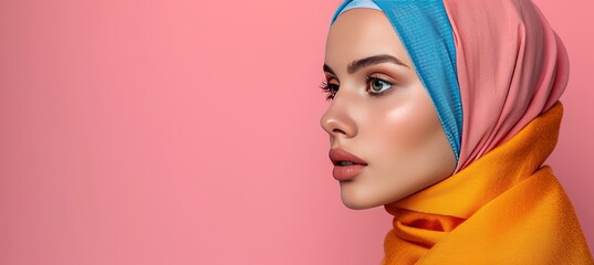 Colorful hijab photoshoot  modern modest style for trendy arab women in wide banner - obrazy, fototapety, plakaty