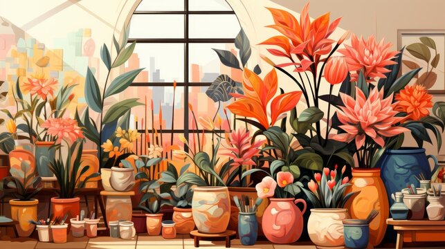 A beautiful illustration of a greenhouse with many flowers and plants
