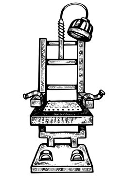 recommend clip art: electric chair engraving PNG illustration. Scratch board style imitation. Black and white hand drawn image.