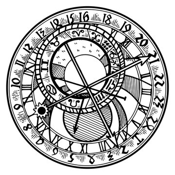 Prague astronomical clock engraving PNG illustration. Scratch board style imitation. Black and white hand drawn image.