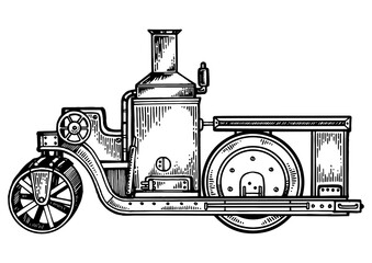 Steam engine road roller tractor engraving PNG illustration. Scratch board style imitation. Black and white hand drawn image.