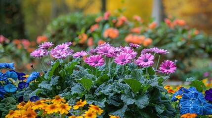 Cineraria bloom in a flowerbed during the fall - obrazy, fototapety, plakaty