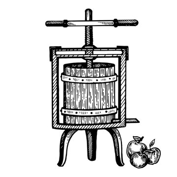 Apple cider juice press engraving PNG illustration. Scratch board style imitation. Black and white hand drawn image.