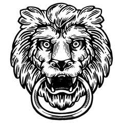 Lion animal ring door handle knob engraving PNG illustration. Scratch board style imitation. Black and white hand drawn image.