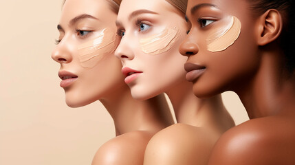 Three women of diverse ethnicities with foundation swatches on their cheeks.