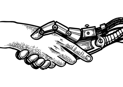 Mechanical human robot handshake engraving PNG illustration. Scratch board style imitation. Black and white hand drawn image.