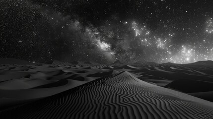 A dramatic black and white landscape of a vast desert with towering sand dunes under a starry night sky.3D rendering
