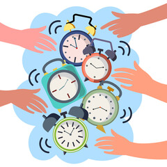 Hands turn off alarms. Colorful flat style. Cartoon PNG illustration