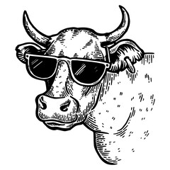 Cow animal in sunglasses engraving PNG illustration. Scratch board style imitation. Black and white hand drawn image.