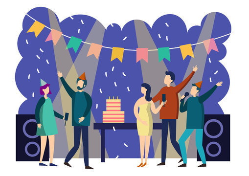 People party cartoon. Colorful flat style. Cartoon PNG illustration