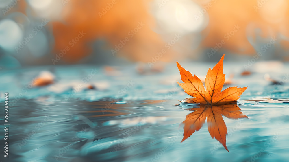 Poster One bright  orange maple leaf in water Minimalistic autumn background copy space : Generative AI