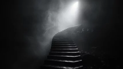 Fotobehang A dramatic black and white photo of a lone, winding staircase leading upwards into a thick fog, with a single light source at the top.3D rendering © Eve Creative