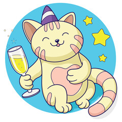 Kawaii style celebrating party cat with a glass of champagne in the paw PNG illustration