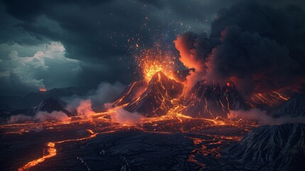 A dramatic landscape of a volcanic eruption spewing fire and ash into a stormy night sky. - obrazy, fototapety, plakaty